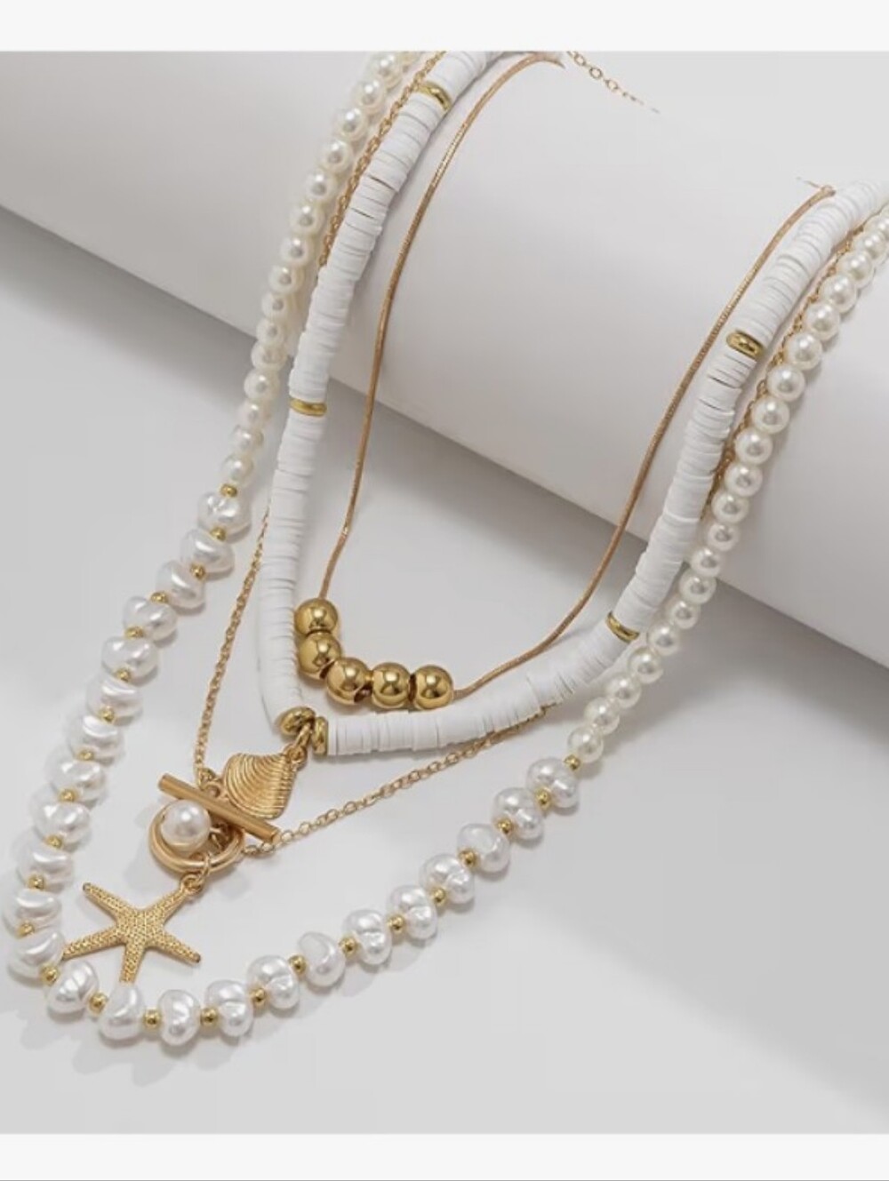 New Gold Starfish & Seashell Layered Necklace Set White Coastal Pearl Bead Choke
